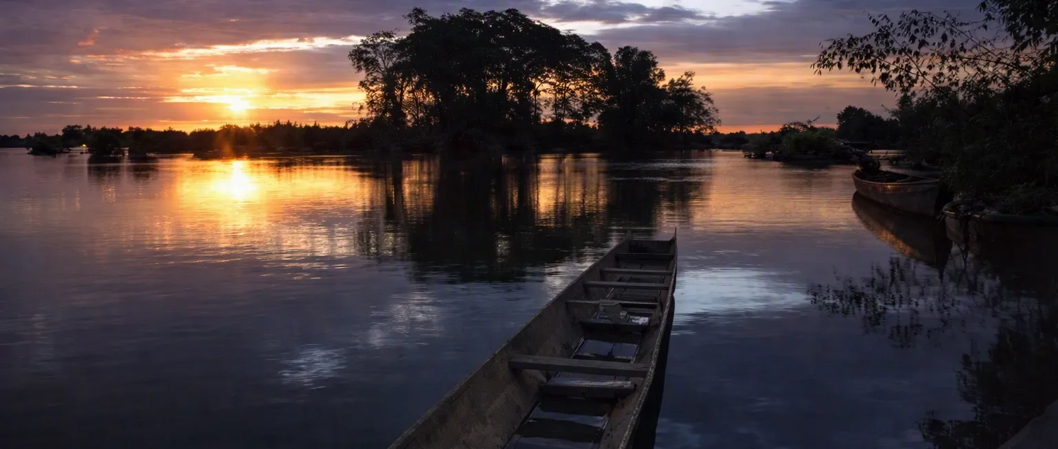 Sonnenuntergang über dem Mekong, Blick vom Bungalow-Balkon auf Don Det